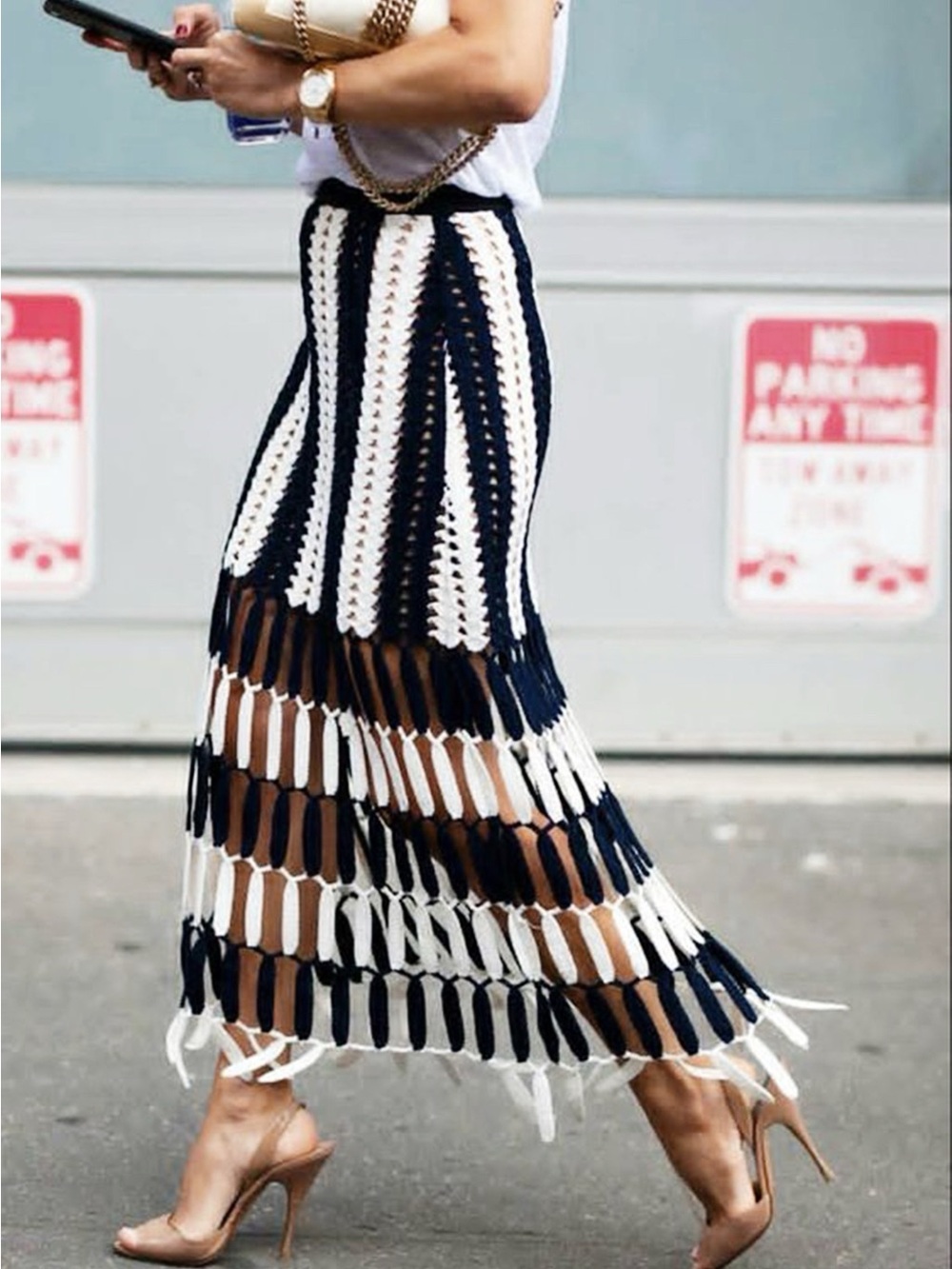 Self-Portrait Striped Crochet Knit Midi Skirt - Navy & White